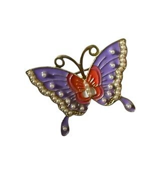 Vintage Purple and Red Butterfly Pin with Pearl Trim
